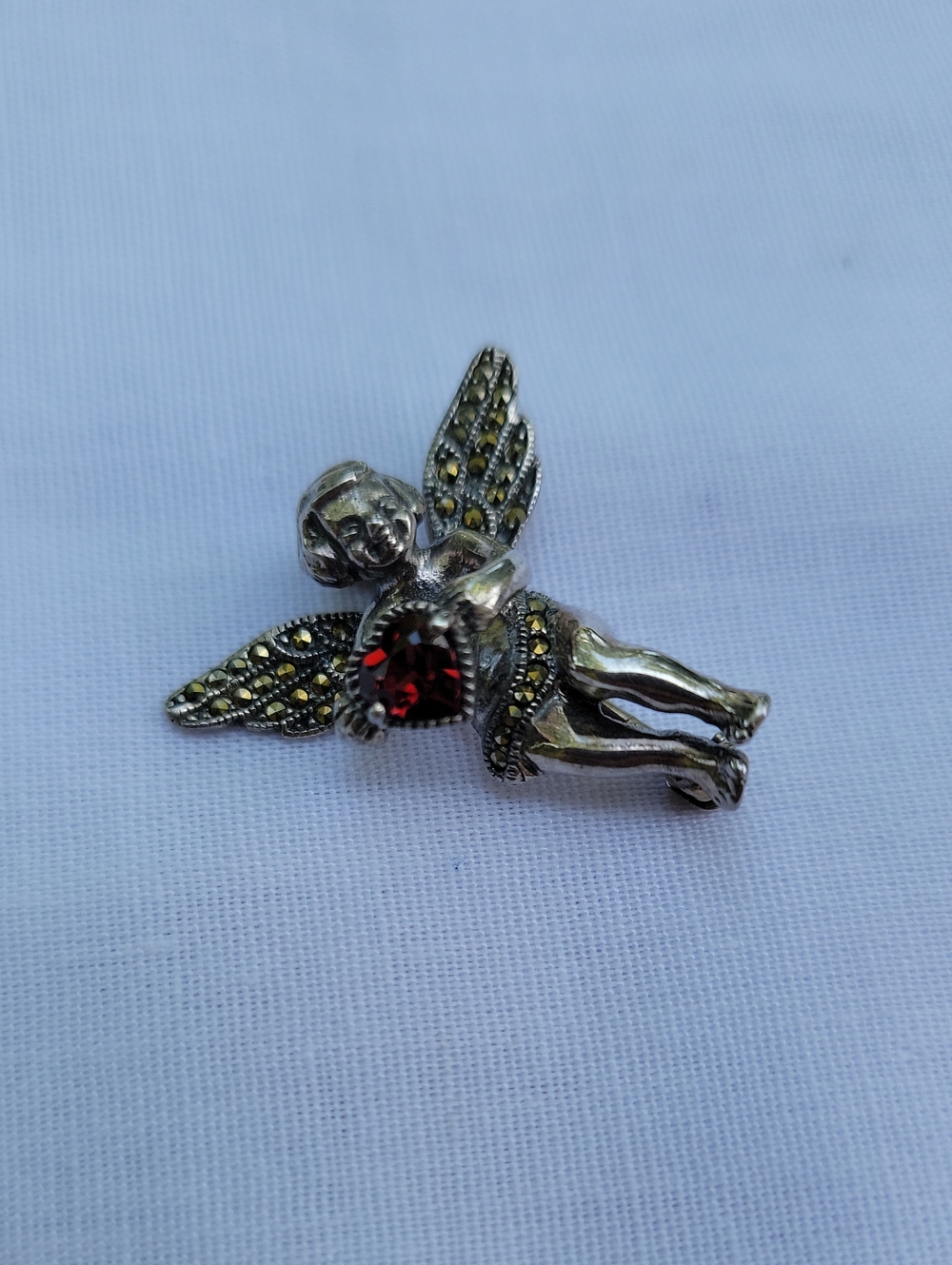 Vintage Judith Jack Sterling Silver Angel Pin with Red Stone Dainty Cherub